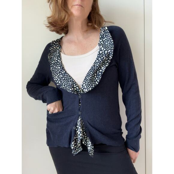 Womens Cardigans Size Large Monogram HWR Navy Nautical Ruffle Anthropologie - Picture 3 of 9
